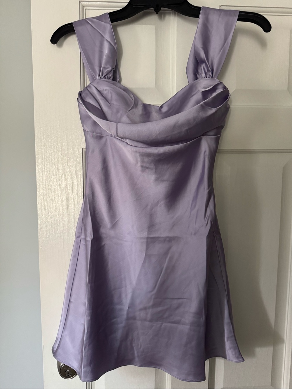 Beginning Boutique Lilac Satin Off The Shoulder Mini Dress